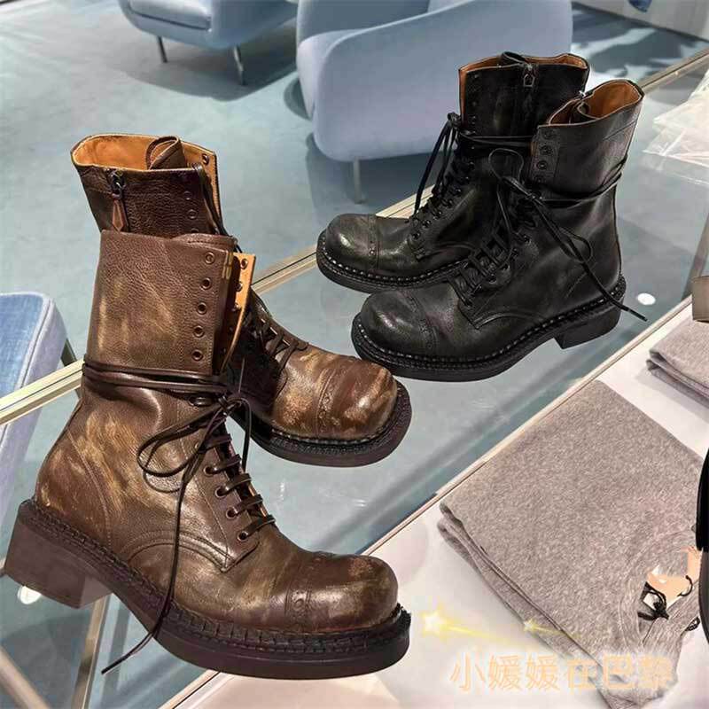 High Quality! Correct Miu Martin Boots for Women, Genuine Leather, Vintage Distressed Short Boots, Original Western Combat Boots