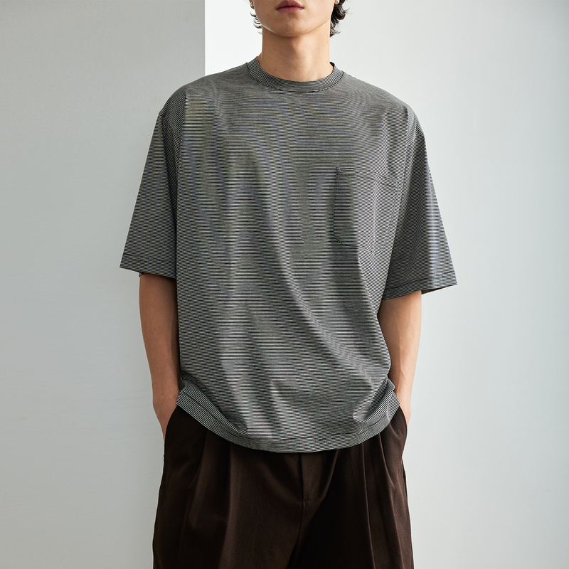 Npopo Japanese Imported Jersey Cotton Comfortable Skin-Friendly Minimalist Classic Striped Lightweight Cool Pocket Short-Sleeve Crew Neck T-Shirt Npopo Japanese Imported Jersey Cotton Comfortable Skin-Friendly Minimalist Classic Striped Lightweight Cool Pocket Short-Sleeve Crew Neck T-Shirt