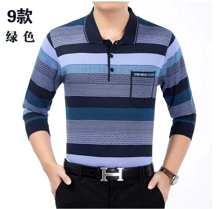 Mùa hè ăn mặc trung niên lụa mỏng dài tay t-shirt nam sọc t-shirt bất pocket daddy trung niên quần áo của nam giới