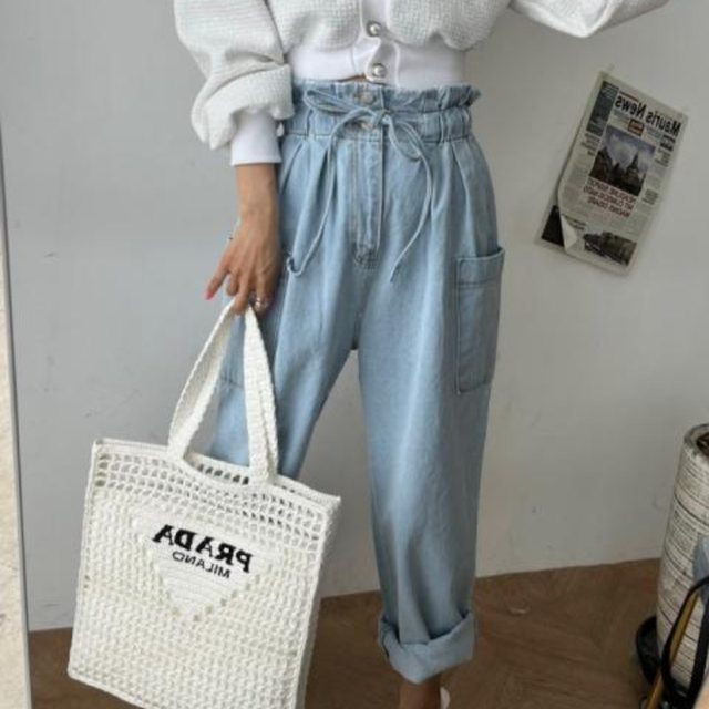 Korean chic summer new slim temperament age reduction fashion all-match denim trousers high waist all-match wide-leg pants women