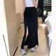 Korean chic summer new thin section black skirt women's high waist shirring slit mid-length skirt bag hip skirt