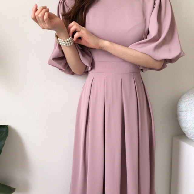 Korean chic French niche retro round neck strap lantern sleeves pleated waist knee long dress women