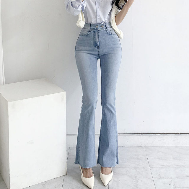 Korean chic summer new high-waist slimming foreign style age-reducing washed two-button micro-laminated denim trousers for women