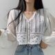 Korean chic summer retro hollow hook flower V-neck loose chiffon stitching short sunscreen cardigan top women