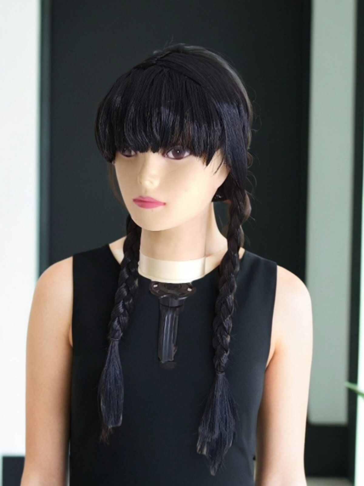 Wednesday Addams Wig with Braids, Double Braids, Wednesday Black Bangs Cosplay Performance Wig