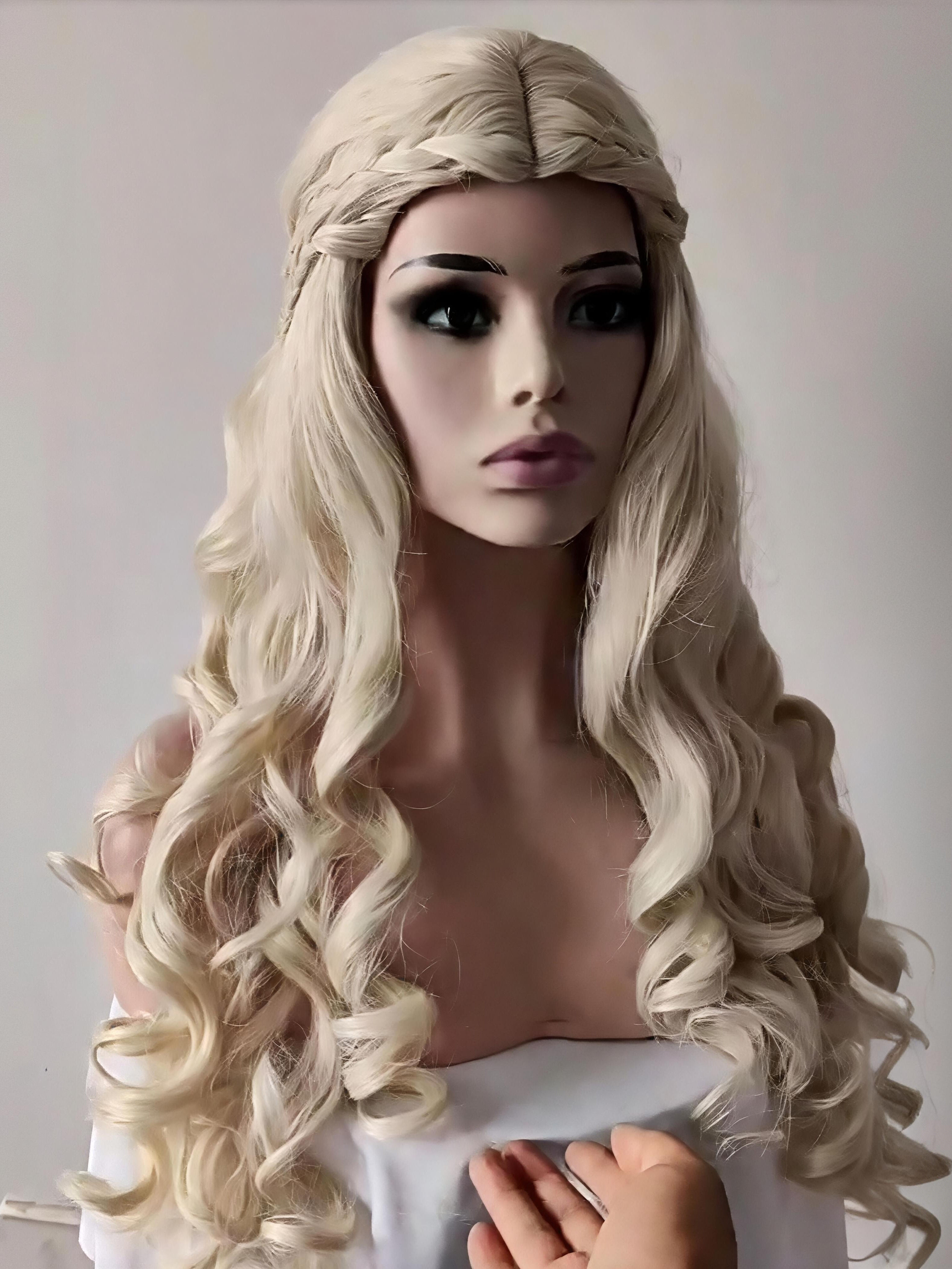 A Song of Ice and Fire Anime Cosplay Wig Set, Game of Thrones Braided Golden Long Curly Hair Cinderella Wig Set