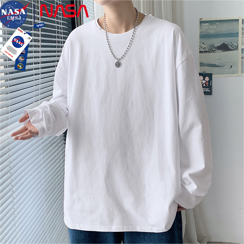 NASA Co-Name schweres Baumwoll-T-Shirt Herren lang ärmel ige einfarbige gestapelte Bottom ing Shirt Herren Xinjiang Baumwolle schweres Studenten-T-Shirt