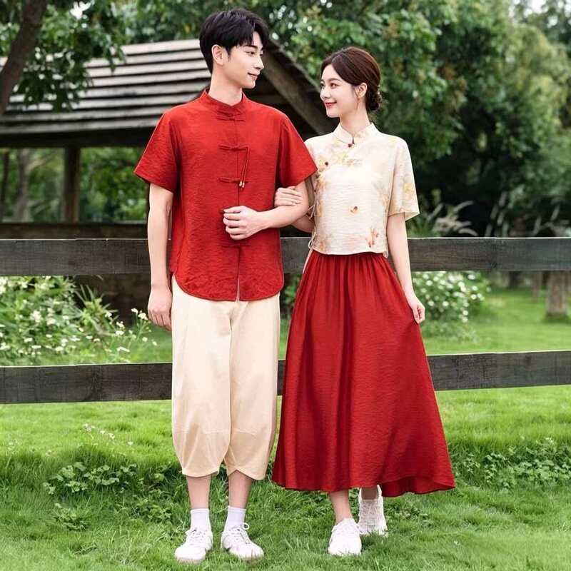 New Chinese-Style Couple Outfits for Summer, Red Engagement Attire for Men and Women, Wedding Registration, Modernized Hanfu National Style Suit