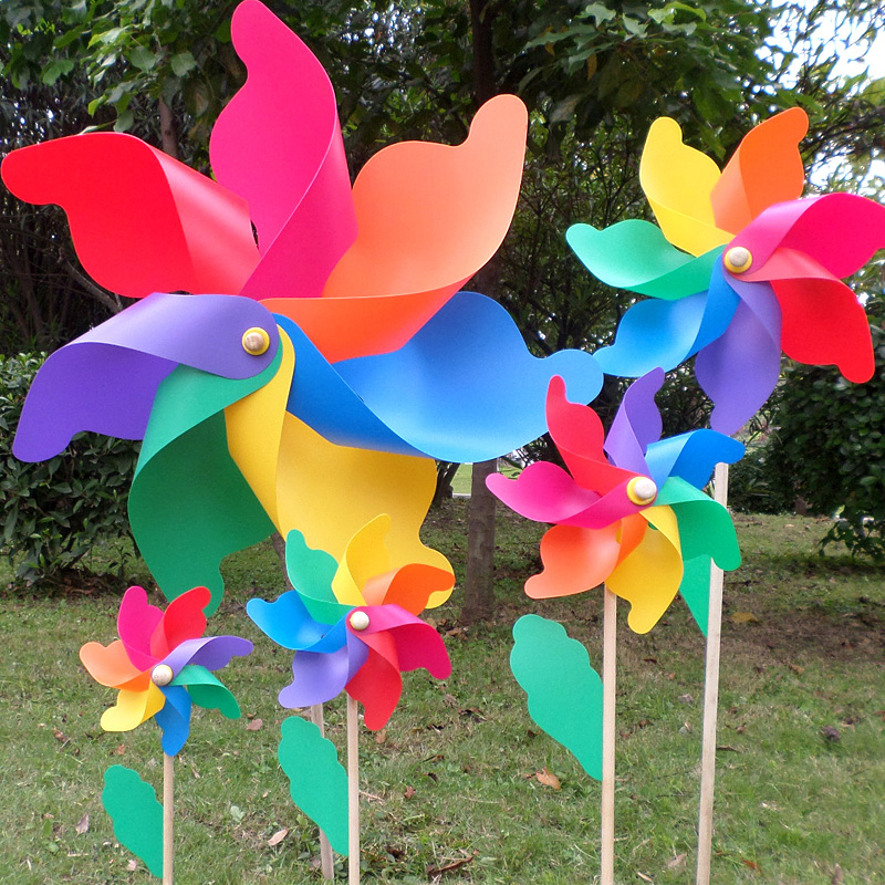 Children Toy Windmill Wooden Green Leafy Seven Colorful Great Windmill Kindergarten Park Hotel Activities Decorated Plastic Windmills