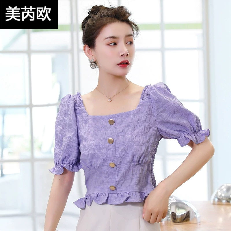 Mei Ruiou áo voan nữ thiết kế ngắn tay mùa hè mới tay áo bong bóng tay áo cổ áo vuông 0522 - Áo sơ mi chiffon ren