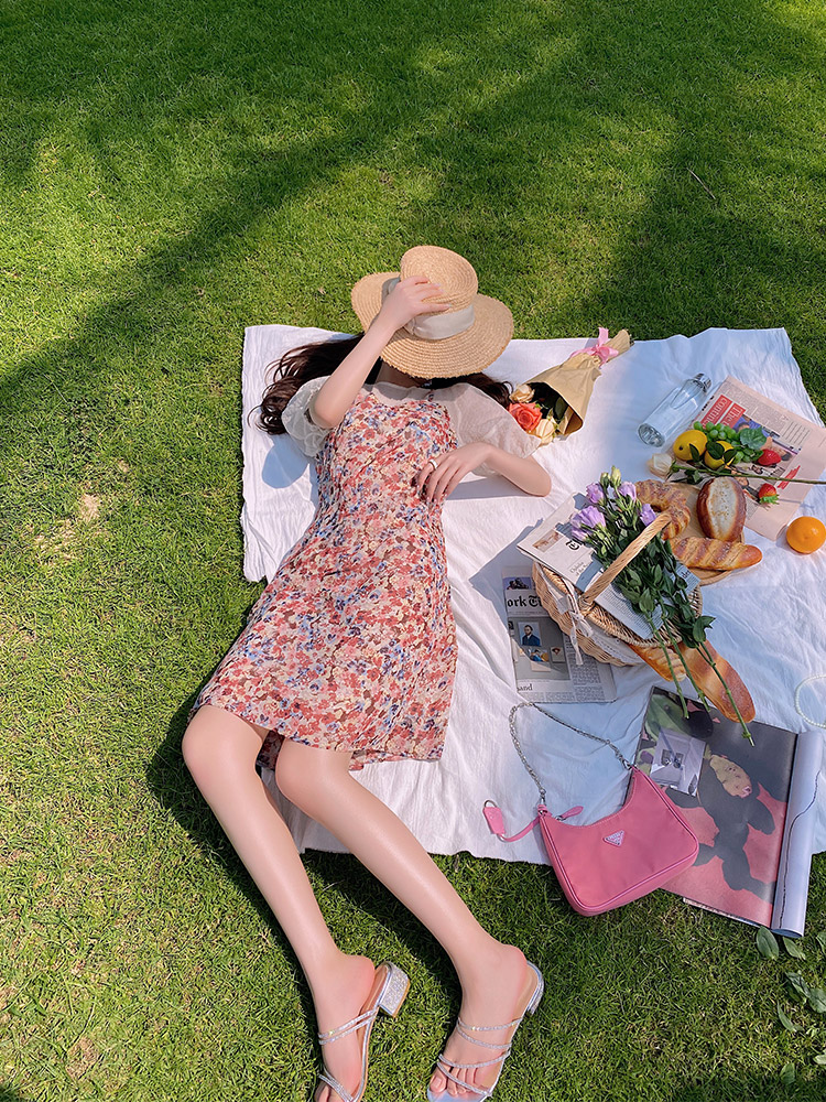 French floral chiffon dress summer 2021 new fake two pieces of first love small floral skirt female summer little man