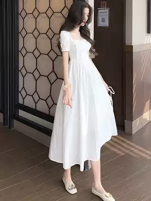 Sweet white dress female summer bubble sleeve long skirt thin and high temperament square collar skirt fairy super fairy forest department