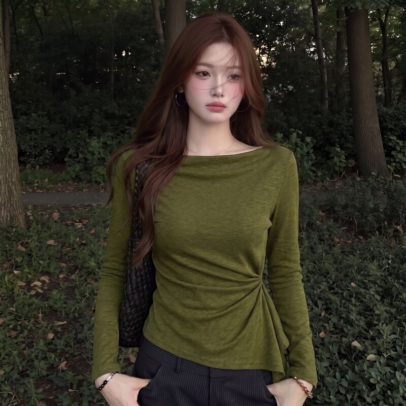 Green Irregular Hem Ribbon Embellished Base Shirt for Women, Autumn Plus-Size Design with a Hong Kong Style, Waist-Cinching and Slimming Effect Green Irregular Hem Ribbon Embellished Base Shirt for Women, Autumn Plus-Size Design with a Hong Kong Style, Waist-Cinching and Slimming Effect