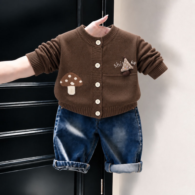 Little Boy's Round-Neck Mushroom Jacquard Knit Cardigan for Spring and Autumn, Infant and Toddler Sweater with 3D Mushroom Patch