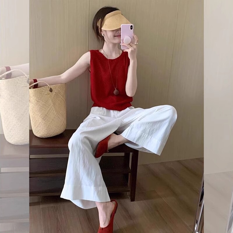 2025 Summer Trendy Complete Outfit Set: Knitted Top with a Stylish, Lightweight, Breathable White Wide-Leg Pants Two-Piece Set for Women 2025 Summer Trendy Complete Outfit Set: Knitted Top with a Stylish, Lightweight, Breathable White Wide-Leg Pants Two-Piece Set for Women