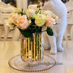 软装 彩盒装 经典 忠俊 花瓶 欧式 礼物 器型竖金条花瓶 水晶玻璃
