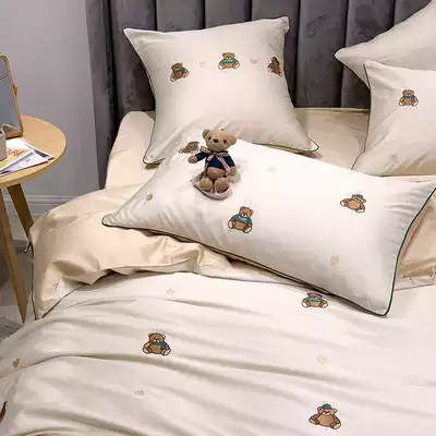 Spring and summer cotton 60 long staple cotton quilt cover four-piece cartoon bear embroidery cotton tribute satin simple bedding
