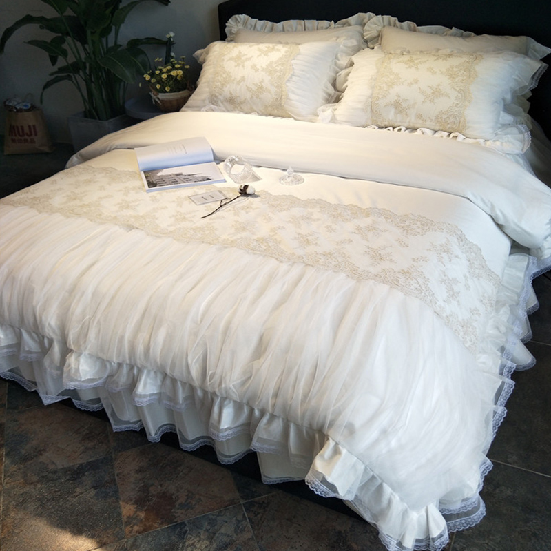 Eurostyle Lace Lace Full Cotton Pure Cotton Bed Skirt Four Pieces Spring Summer 60 Long Suede Cotton Princess Wind White Bed Goods