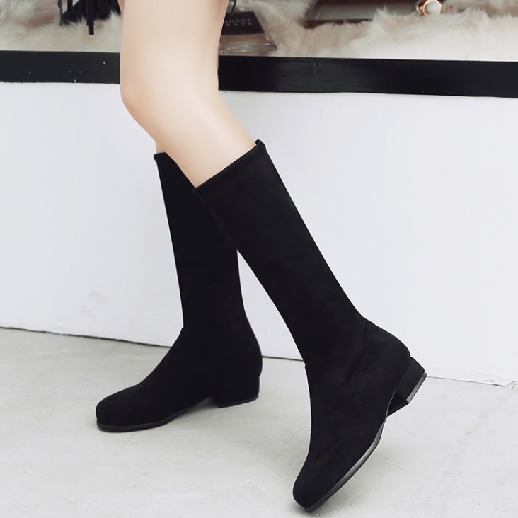 Korean Style Flat Elastic Boots Mid-Calf Boots Two-Way Wear Boots Riding Boots Large Sizes 44 45 46 47 48 49 50