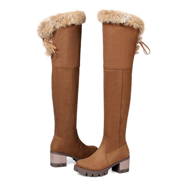 ດາວເອີຣົບແລະອາເມລິກາມີເກີບຍາວ heel rabbit fur ຫນາ, ຂະຫນາດກາງ heel rabbit fur elastic over-the-knee boots, ຂະຫນາດໃຫຍ່ 43444546