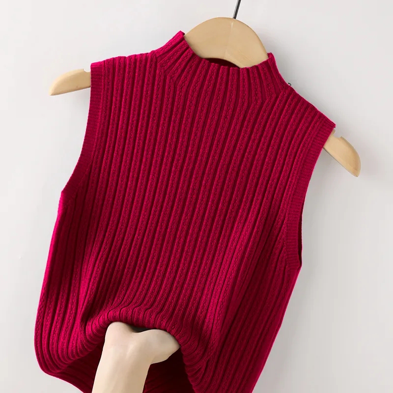 Black Base Layer Tank Top for Women, Summer Outerwear, Slim Fit, Half-High Collar, Sleeveless T-Shirt, Pure Cotton Inner Layer, Knitted Camisole