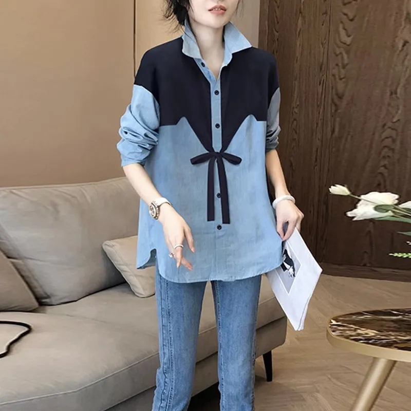 2026 Spring and Autumn New Style Top, Color-Block Patchwork Long-Sleeve Shirt for Women, Loose and Fashionable with Tie, Stylish Blouse