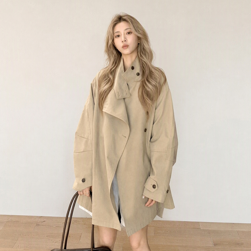 American-Style Design Trench Coat for Women, 2026 Autumn New Trendy Stand-Up Collar Coat