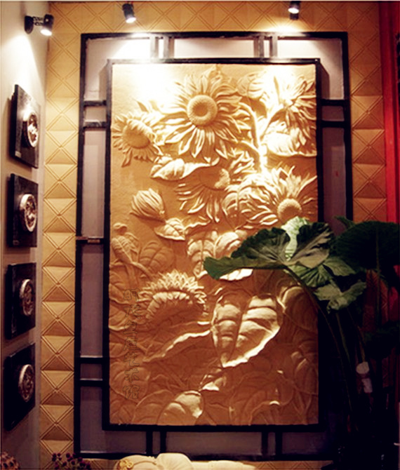 Sandstone relief sunflower mural sandstone carving decorative flower plate plastic decorative painting frameless painting background wall mural