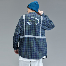 guuka Tide brand plaid shirt male long sleeve youth Hip Hop reflective strip cotton printed long shirt male loose