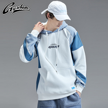  guuka fleece thickened sweater mens trendy brand teen hip-hop white stitching printing sports sweater men loose