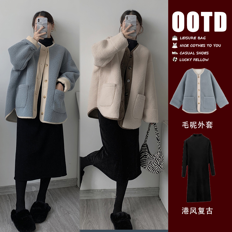 Pregnant women in autumn dress new Korean edition knit dress in long loose lamb coat winter plus-woven suit