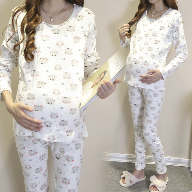 Pregnant women autumn clothes Sanitary pants set Cotton postpartum nursing pajamas Spring and autumn out nursing clothes Month clothes Home clothes summer