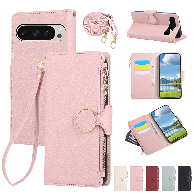 Suitable for Google Pixel 9 Phone Case, Google Pixel 8A Card Slot Zipper Leather Case, Google Pixel 9 Pro XL Case, Can Hold Cards, 7A Anti-Drop Protective Case, 6 Pro Wrist Strap Long Lanyard