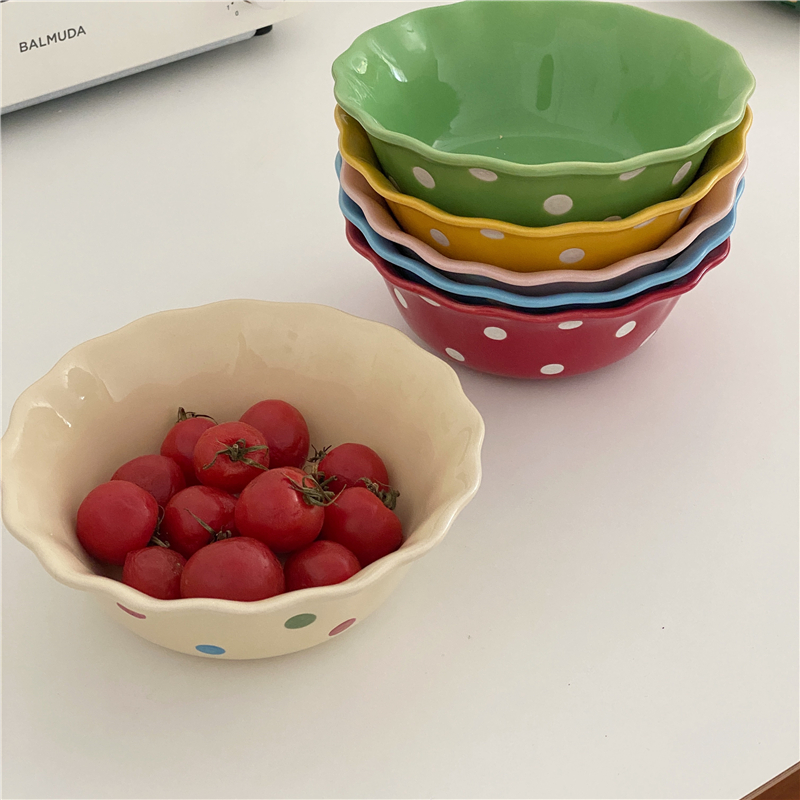 Po-Han Feng ins Cute Color Lace Dot Bowl Yogurt Breakfast Fruit Bowl One Person Eating Ceramic Salad Bowl