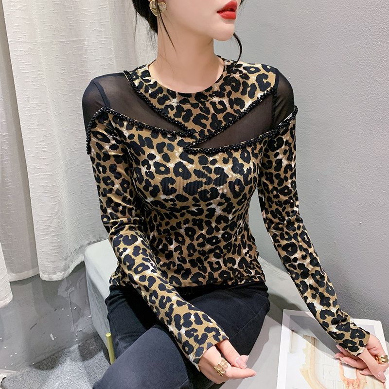 性感网纱拼接T恤女长袖欧货时尚豹纹钉珠上衣洋气内搭打底衫秋冬