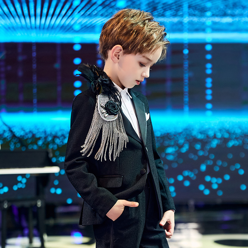 Boys suit epaulets children's dress model catwalk feather tassel big brooch accessories boy piano costume