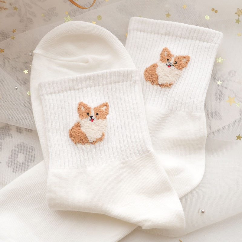 Korean Corgi-Themed Socks, Cute Fluffy Welsh Corgi Dog Elastic Socks, Small White Socks