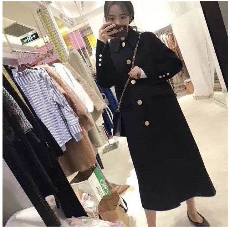 Hepburn gió áo len nữ búp bê cổ áo chic len phần dài trên đầu gối Slim đen Sen áo len áo khoác jean nữ