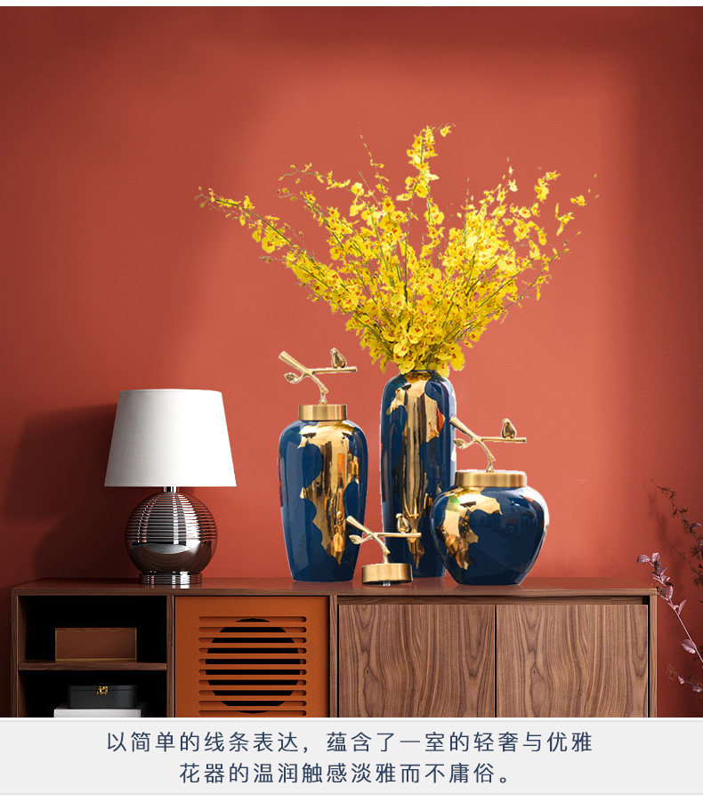 Light the key-2 luxury of modern ceramic vases, pure copper cover furnishing articles of new Chinese style living room flower arrangement of jingdezhen ceramic vase household