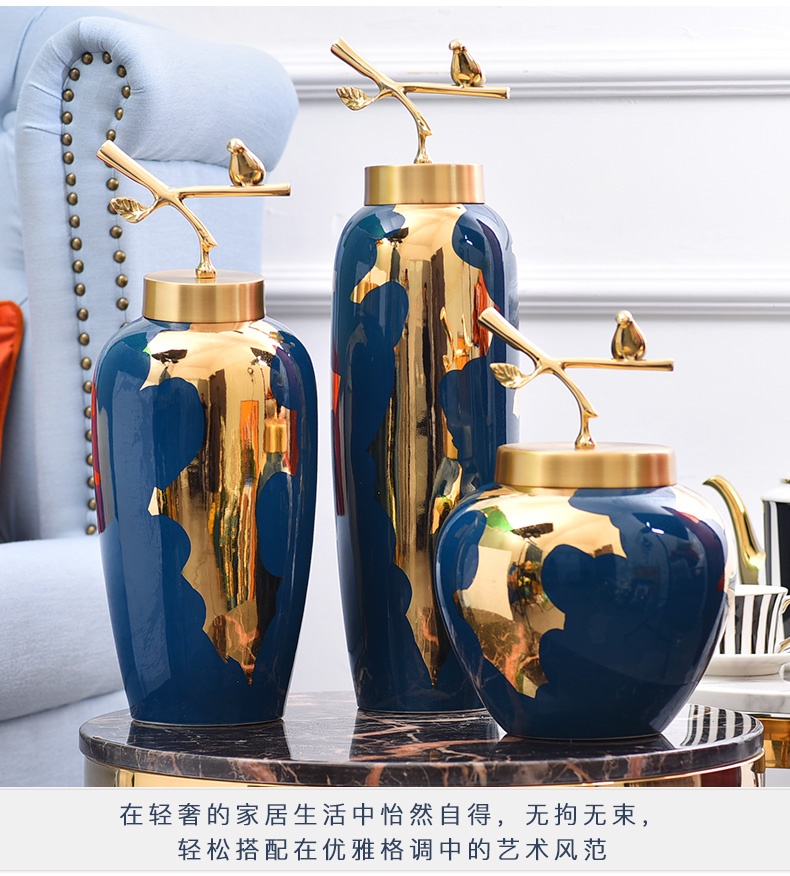 Light the key-2 luxury of modern ceramic vases, pure copper cover furnishing articles of new Chinese style living room flower arrangement of jingdezhen ceramic vase household