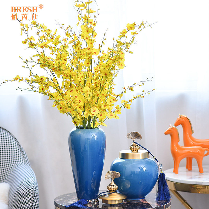 European-American ceramics with copper vase ornaments simulation flower soft decoration set simple living room Xuanguan model room
