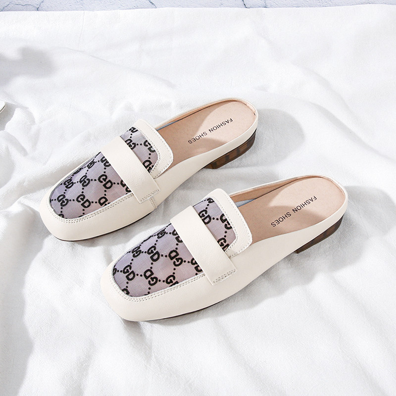 Baotou Half slippers Female outwear Net yarn Breathable Semi-Drag Women Shoes Summer Square Head Mueller Shoes No Heel Sloth Shoes