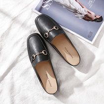 Semi-slippers female 2022 new outwear with horse title buttoned genuine leather Baotou sandals coarse heel square head Muller sloth shoes
