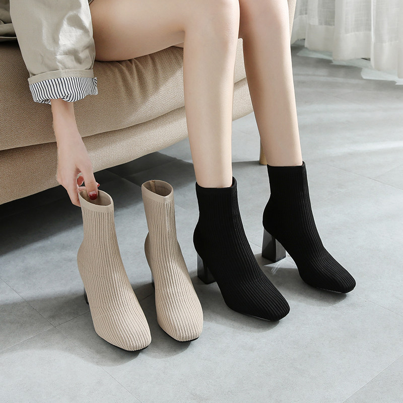 High Heel Short Boots 2021 New Autumn Winter Socks Boots Knit Plus Suede Elastic Skinny Boots Rough Heel Socks Boots Woman