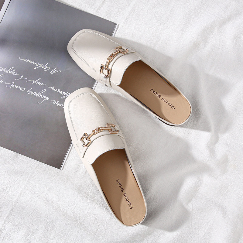 Genuine leather half slippers female outside wearing full cow leather heel sloppy shoes female coarse heel Baotou sandals Founder Mueller shoes