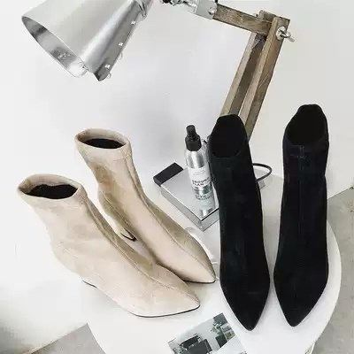 High heel boots female 2021 new spring and autumn single boots elastic apricot color pointed tube suede frosted coarse heel thin boots