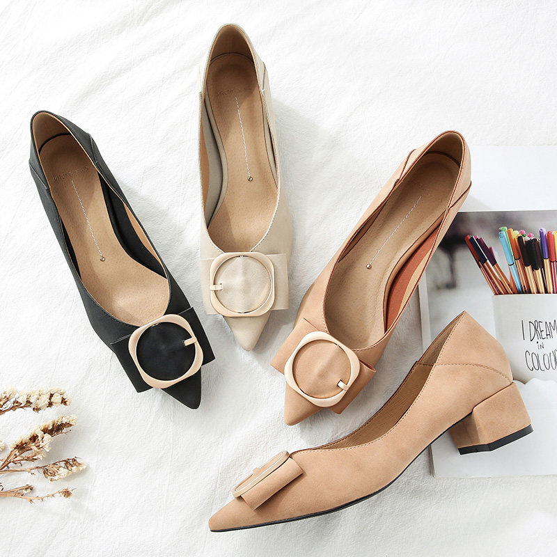 Pointed-toed single shoes women's mid-heel 2021 new summer matte suede fashion all-match square buckle shallow mouth thick-heeled high-heeled shoes
