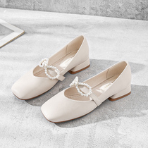 Coarse Heel High Heels Pearl Butterfly Knot Late Night Wind Single Shoe Woman Summer Gentle Square Head Shallow Mouth Method Mary Rare Shoes