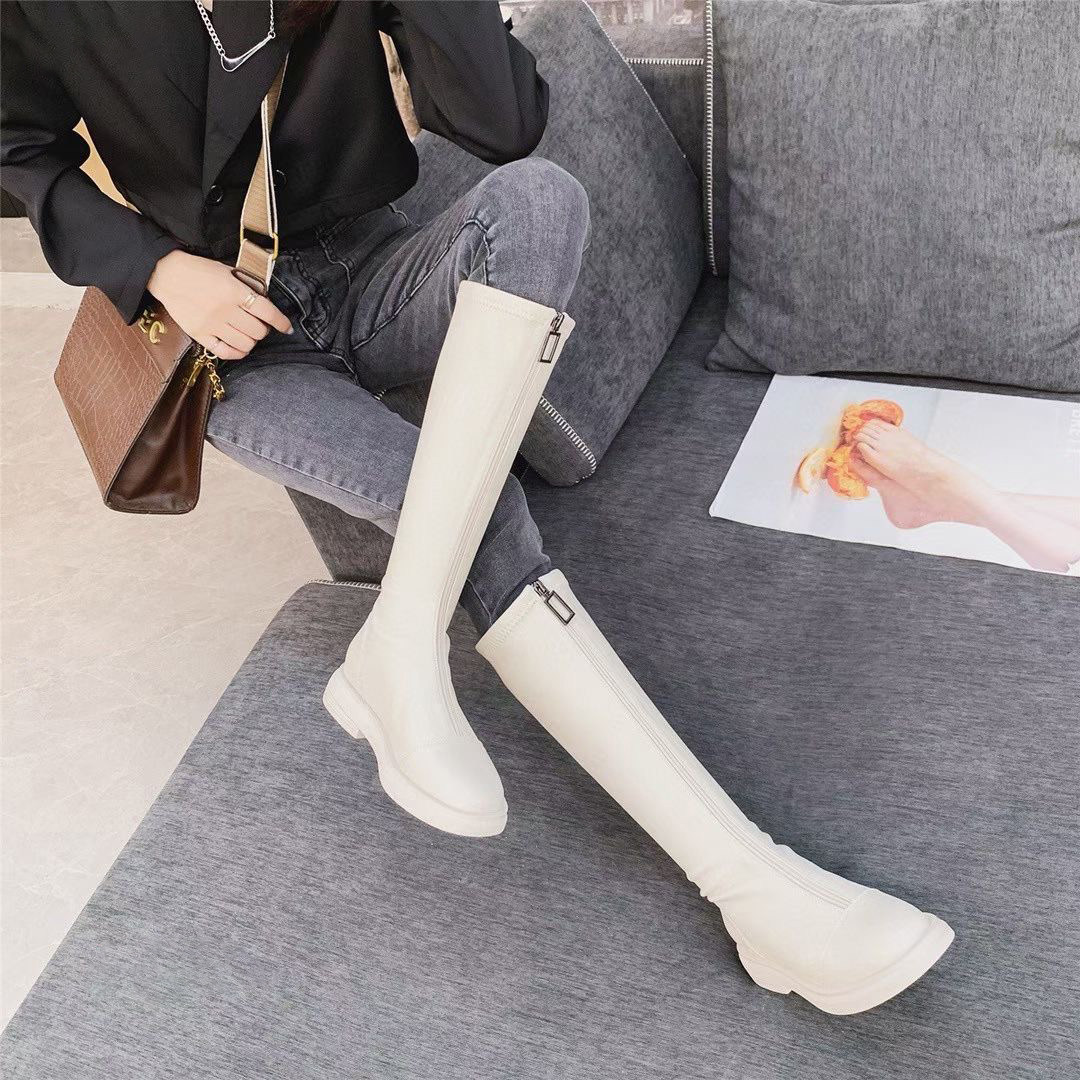 Boots woman rice white front pull chain medium-high cylinder boot with small elastic small sub-long boot female though kneecap