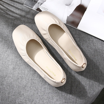 Ladyshoe Woman Summer Flat Bottom 2022 New Single Shoes Fashion Square Head Light Mouth Soft Leather Soft Bottom Grandma Shoes Genuine Leather Bean Bean Shoes